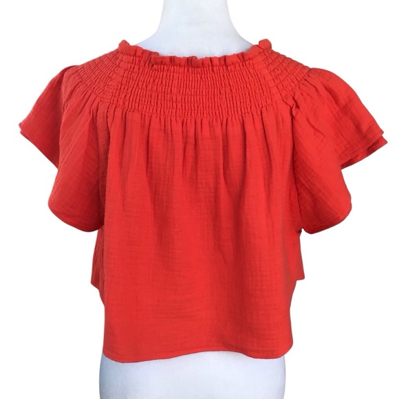 Apiece Apart Boho Red Cotton Cropped Off The Shoulder Ruffle Sleeve Blou… - Picture 9 of 9